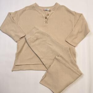 FP Beach Sweater Pants Set Womens Medium Beige Thermal Knit Henley Lounge